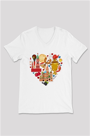Moskova Kremlini Beyaz Unisex V Yaka Tişört T-Shirt