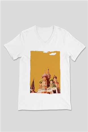 Moskova Kremlini Beyaz Unisex V Yaka Tişört