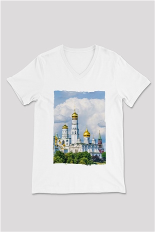 Moskova Kremlini Beyaz Unisex V Yaka Tişört