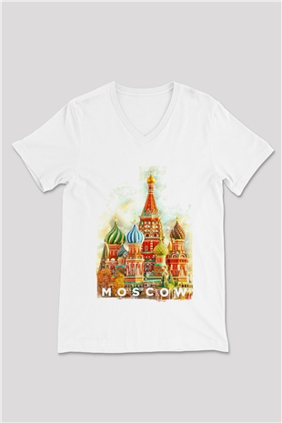 Moskova Kremlini Beyaz Unisex V Yaka Tişört