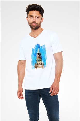 Moskova Kremlini Beyaz Unisex V Yaka Tişört