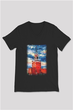 Moskova Kremlini Siyah Unisex V Yaka Tişört T-Shirt