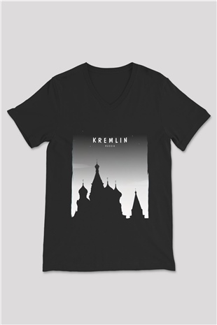 Moskova Kremlini Siyah Unisex V Yaka Tişört