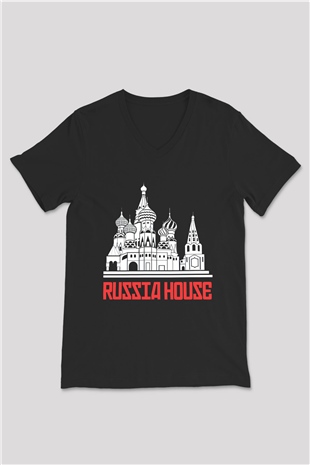 Moskova Kremlini Siyah Unisex V Yaka Tişört T-Shirt