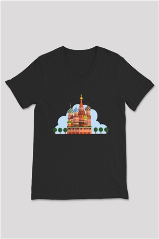 Moskova Kremlini Siyah Unisex V Yaka Tişört T-Shirt