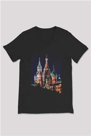 Moskova Kremlini Siyah Unisex V Yaka Tişört