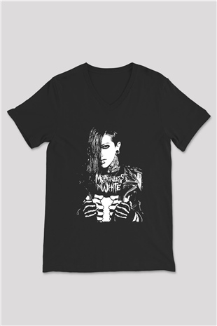 Motionless in White Baskılı Unisex Siyah V Yaka Tişört - Tshirt