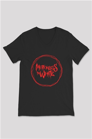 Motionless in White Baskılı Unisex Siyah V Yaka Tişört - Tshirt