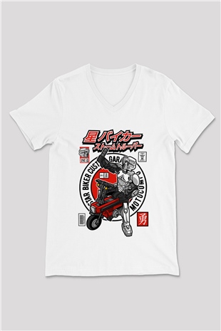 Motocompo Baskılı Unisex Beyaz V Yaka Tişört