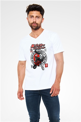 Motocompo Baskılı Unisex Beyaz V Yaka Tişört