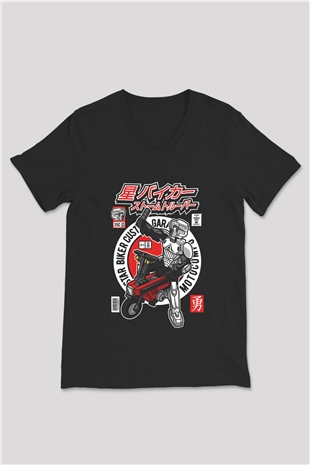 Motocompo Baskılı Unisex Siyah V Yaka Tişört