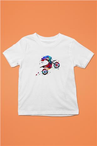 Motor Sporları Baskılı Unisex Beyaz Çocuk Tişört - Tshirt