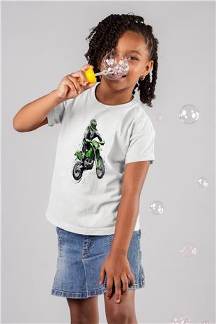 Motor Sporları Baskılı Unisex Beyaz Çocuk Tişört - Tshirt