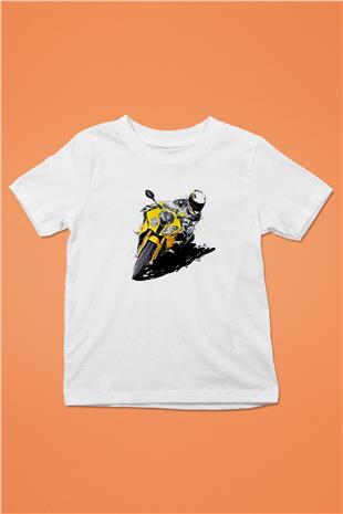 Motor Sporları Baskılı Unisex Beyaz Çocuk Tişört - Tshirt