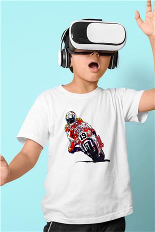 Motor Sporları Baskılı Unisex Beyaz Çocuk Tişört - Tshirt