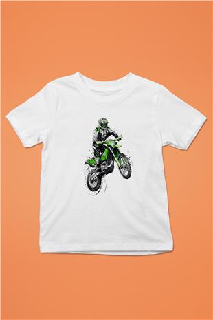Motor Sporları Baskılı Unisex Beyaz Çocuk Tişört - Tshirt