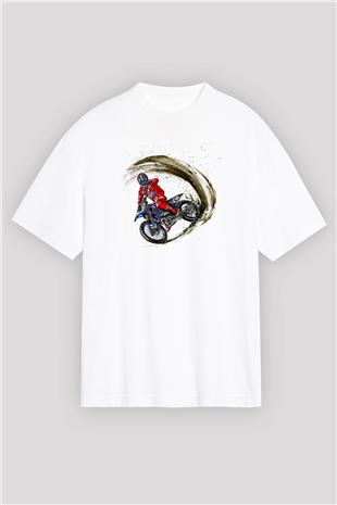 Motor Sporları Baskılı Unisex Beyaz Oversize Tişört - Tshirt