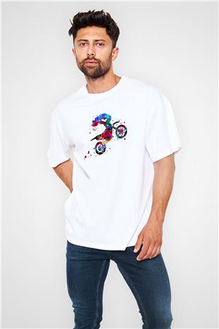 Motor Sporları Baskılı Unisex Beyaz Oversize Tişört - Tshirt