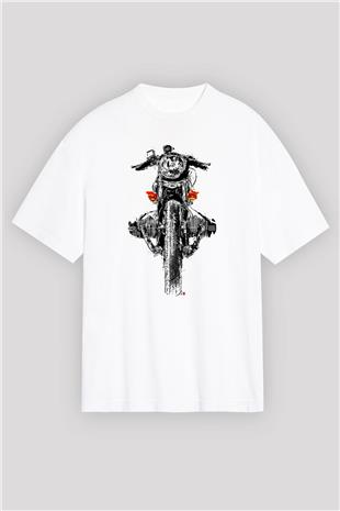 Motor Sporları Baskılı Unisex Beyaz Oversize Tişört - Tshirt