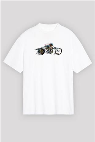 Motor Sporları Baskılı Unisex Beyaz Oversize Tişört - Tshirt