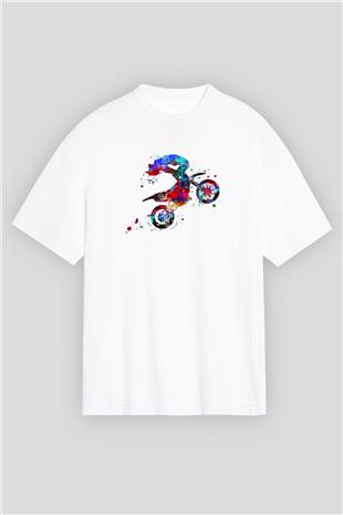 Motor Sporları Baskılı Unisex Beyaz Oversize Tişört - Tshirt