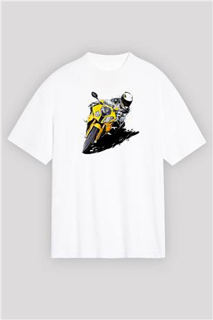 Motor Sporları Baskılı Unisex Beyaz Oversize Tişört - Tshirt