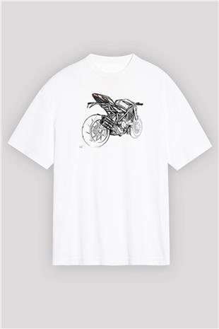 Motor Sporları Baskılı Unisex Beyaz Oversize Tişört - Tshirt
