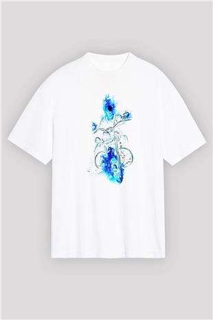 Motor Sporları Baskılı Unisex Beyaz Oversize Tişört - Tshirt