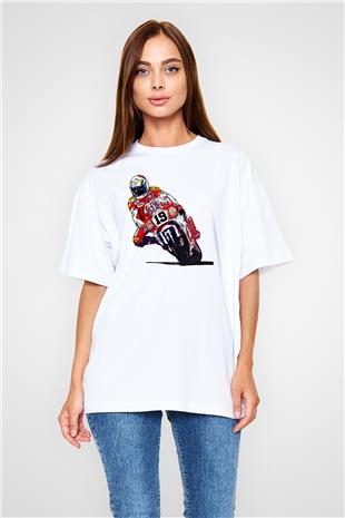 Motor Sporları Baskılı Unisex Beyaz Oversize Tişört - Tshirt