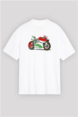 Motor Sporları Baskılı Unisex Beyaz Oversize Tişört - Tshirt