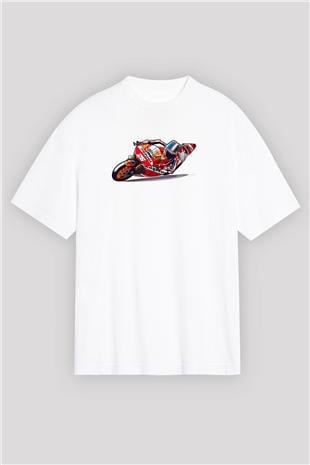 Motor Sporları Baskılı Unisex Beyaz Oversize Tişört - Tshirt