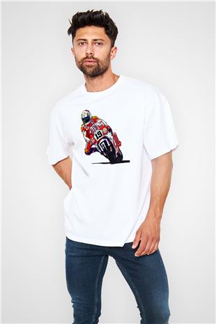 Motor Sporları Baskılı Unisex Beyaz Oversize Tişört - Tshirt