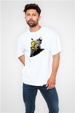 Motor Sporları Baskılı Unisex Beyaz Oversize Tişört - Tshirt