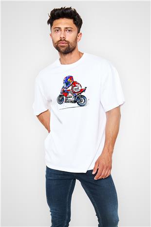 Motor Sporları Baskılı Unisex Beyaz Oversize Tişört - Tshirt