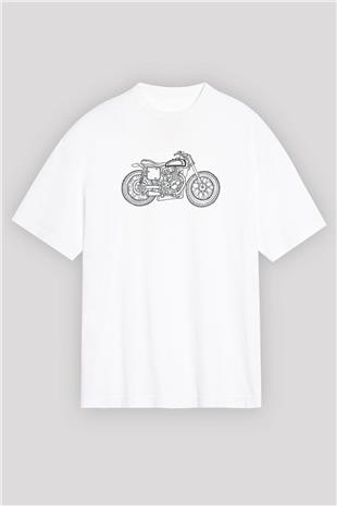Motor Sporları Baskılı Unisex Beyaz Oversize Tişört - Tshirt