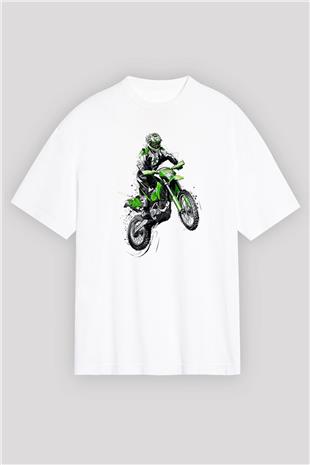 Motor Sporları Baskılı Unisex Beyaz Oversize Tişört - Tshirt