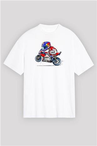 Motor Sporları Baskılı Unisex Beyaz Oversize Tişört - Tshirt