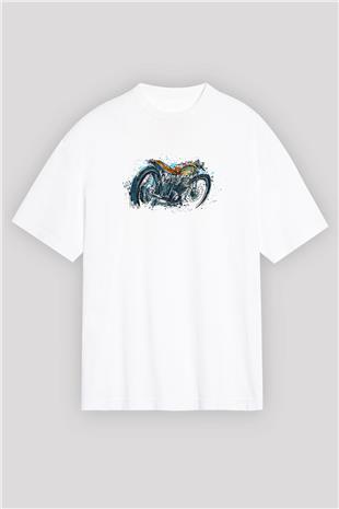 Motor Sporları Baskılı Unisex Beyaz Oversize Tişört - Tshirt