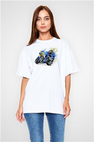 Motor Sporları Baskılı Unisex Beyaz Oversize Tişört - Tshirt