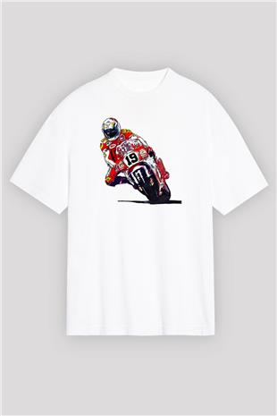 Motor Sporları Baskılı Unisex Beyaz Oversize Tişört - Tshirt