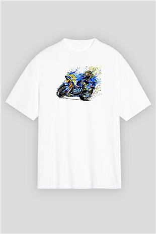 Motor Sporları Baskılı Unisex Beyaz Oversize Tişört - Tshirt