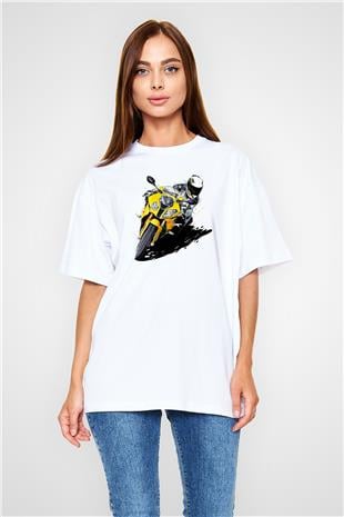 Motor Sporları Baskılı Unisex Beyaz Oversize Tişört - Tshirt