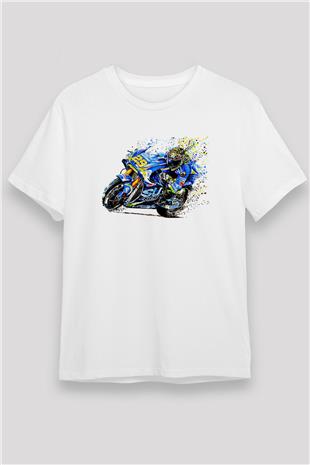 Motor Sporları Baskılı Unisex Beyaz Tişört - Tshirt