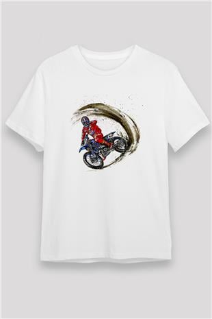 Motor Sporları Baskılı Unisex Beyaz Tişört - Tshirt