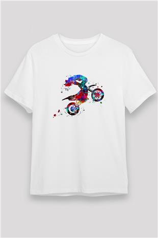 Motor Sporları Baskılı Unisex Beyaz Tişört - Tshirt