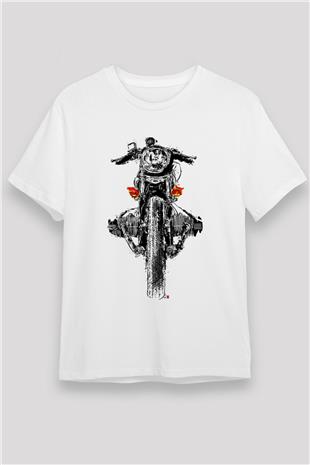 Motor Sporları Baskılı Unisex Beyaz Tişört - Tshirt