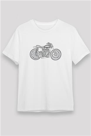 Motor Sporları Baskılı Unisex Beyaz Tişört - Tshirt