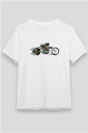 Motor Sporları Baskılı Unisex Beyaz Tişört - Tshirt