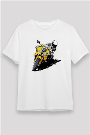 Motor Sporları Baskılı Unisex Beyaz Tişört - Tshirt