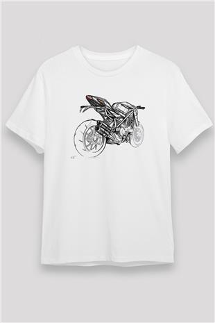 Motor Sporları Baskılı Unisex Beyaz Tişört - Tshirt